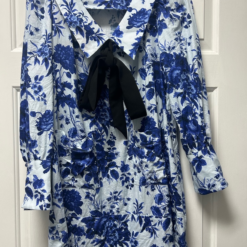 Floral Blue and White Dress with Black Bow